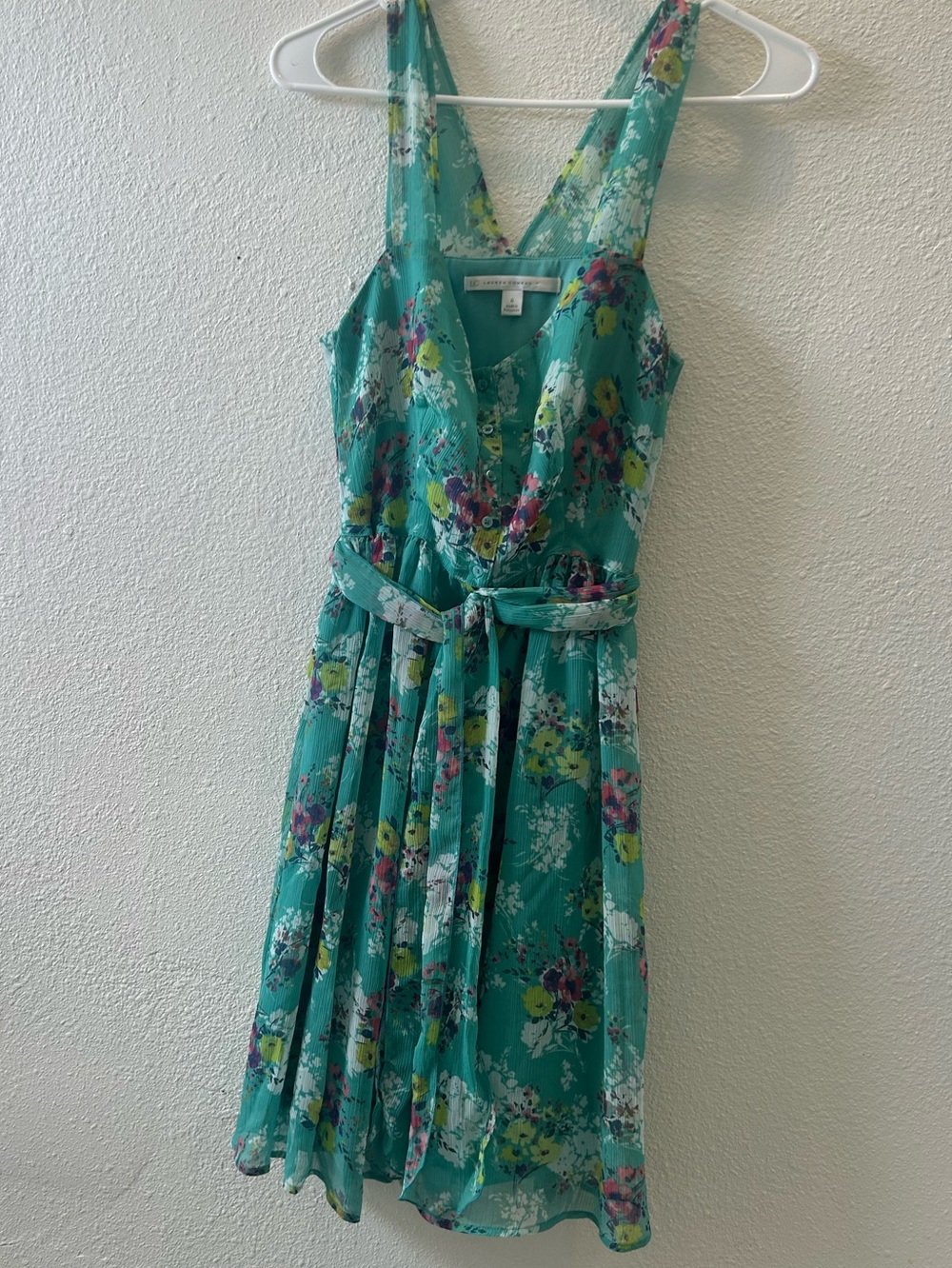 LC Lauren Conrad Teal Floral Tie-Waist Midi Dress